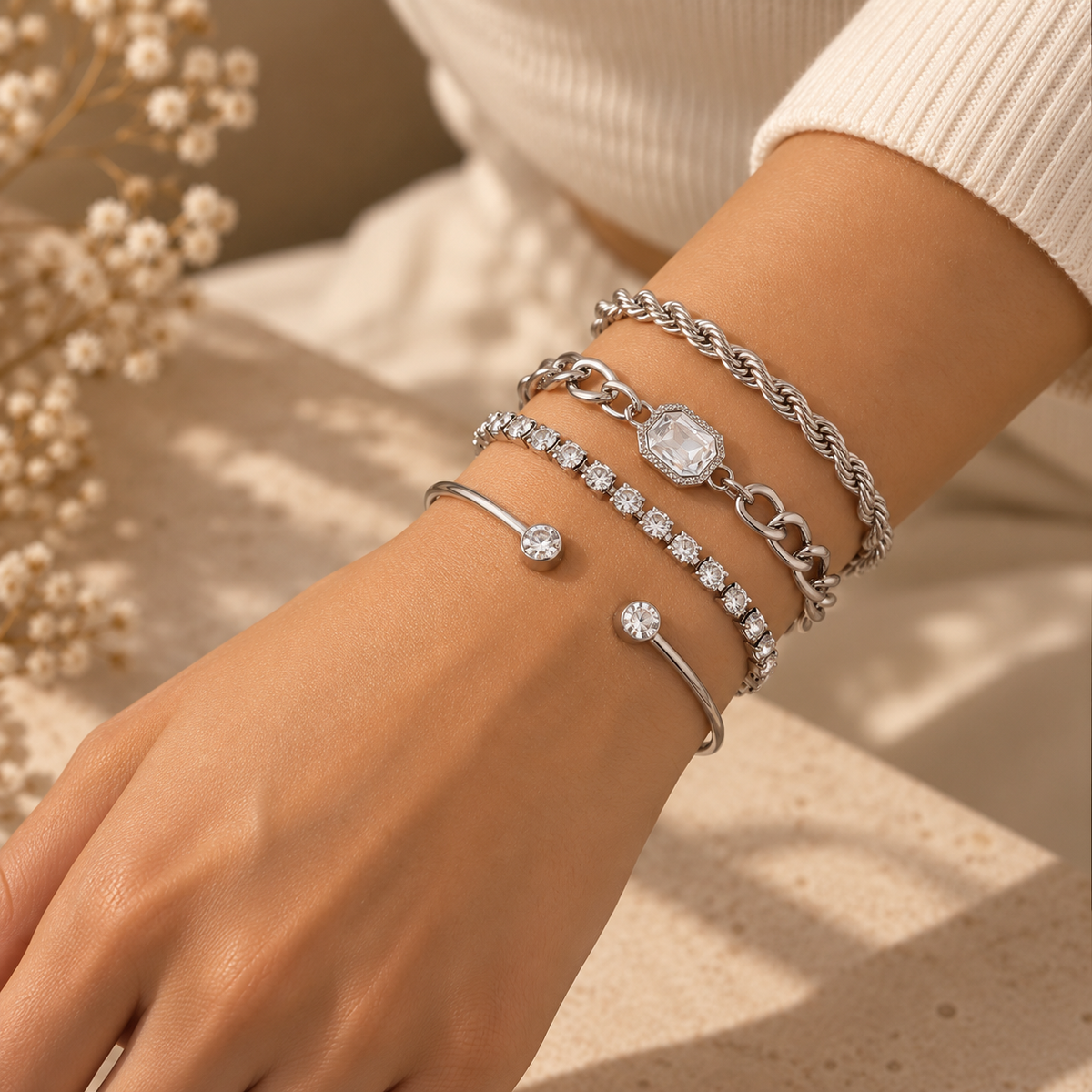 Bracelets chaîne dorés et argentés portés au poignet NÉVORA