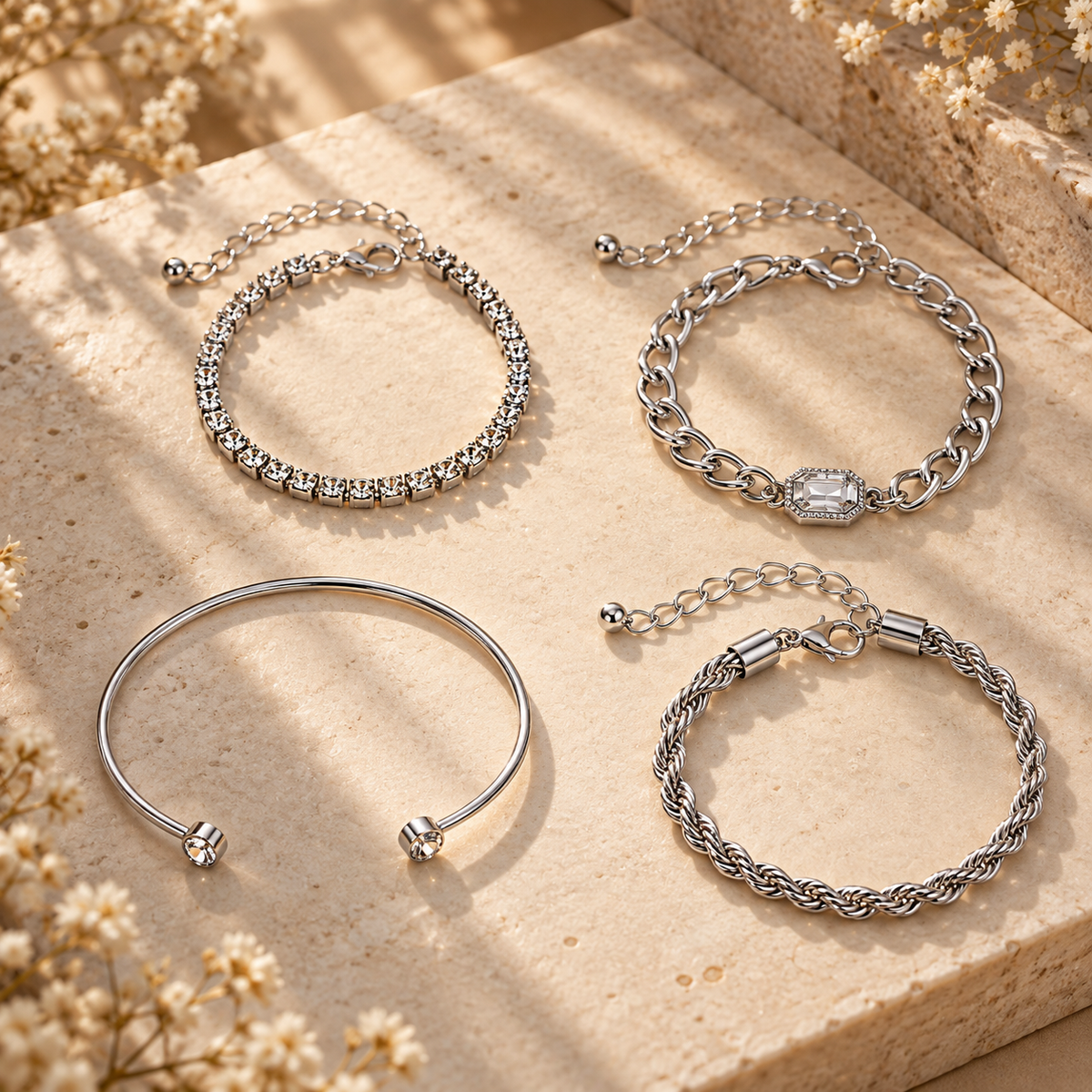 Ensemble de bracelets chaîne argentés présenté sur fond beige NÉVORA