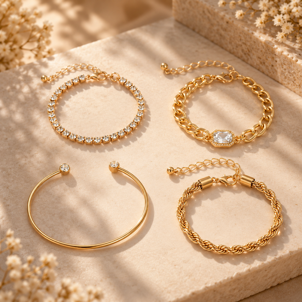 Ensemble de bracelets chaîne dorés présenté sur fond beige NÉVORA