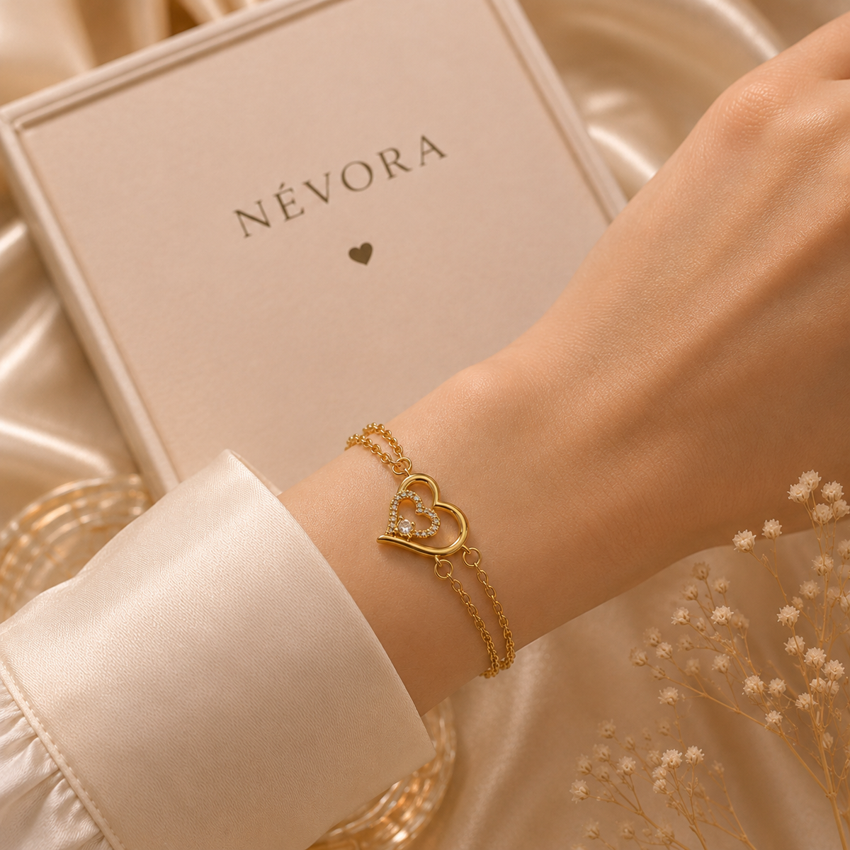Bracelet cœur doré porté au poignet NÉVORA